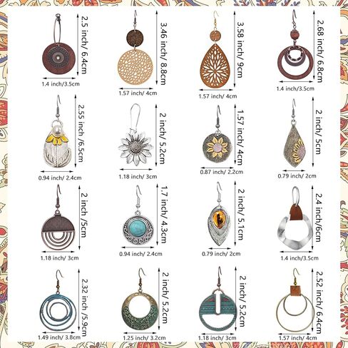 EIELO 16 Pairs بوهو خمر استرخى أقراط للنساء هندسية مستديرة عباد الشمس أقراط العرقية نمط البوهيمي إسقاط طقم من الحلقان in Kuwait