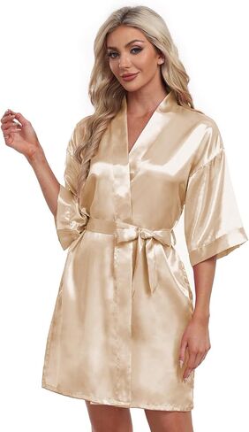 Women's Satin Robe Short Kimono Bathrobes Bride Bridesmaid Wedding Party Robes Sleepwear with Pockets in Kuwait