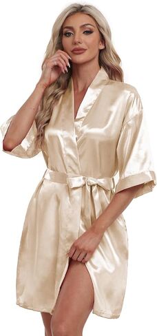 Women's Satin Robe Short Kimono Bathrobes Bride Bridesmaid Wedding Party Robes Sleepwear with Pockets in Kuwait