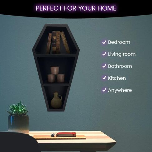 Coffin Shelf - The Original Multiple Colors and Looks All in 1 Shelf Design - Unique Gothic Decor for The Home - Wooden Black Floating Wall Or Table top Shelf - 15" Tall by 8" Wide in Saudi Arabia