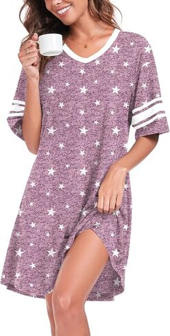 Womens Nightgowns Short Sleeve Sleepshirt Sleepwear Casual V Neck Sleep Dress Loungewear Nightshirts in Saudi Arabia
