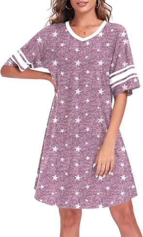 Womens Nightgowns Short Sleeve Sleepshirt Sleepwear Casual V Neck Sleep Dress Loungewear Nightshirts in Saudi Arabia