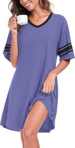 Womens Nightgowns Short Sleeve Sleepshirt Sleepwear Casual V Neck Sleep Dress Loungewear Nightshirts in Saudi Arabia