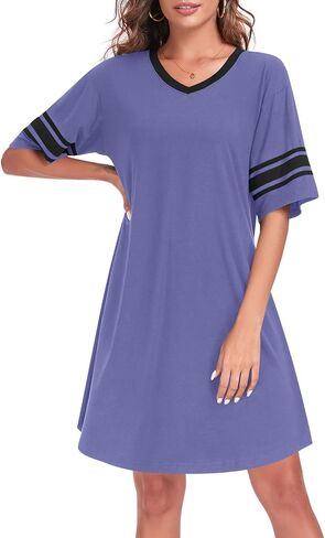 Womens Nightgowns Short Sleeve Sleepshirt Sleepwear Casual V Neck Sleep Dress Loungewear Nightshirts in Saudi Arabia