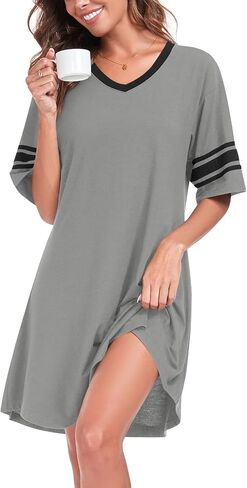 Womens Nightgowns Short Sleeve Sleepshirt Sleepwear Casual V Neck Sleep Dress Loungewear Nightshirts in Saudi Arabia