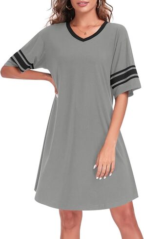 Womens Nightgowns Short Sleeve Sleepshirt Sleepwear Casual V Neck Sleep Dress Loungewear Nightshirts in Saudi Arabia