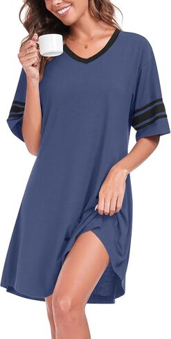 Womens Nightgowns Short Sleeve Sleepshirt Sleepwear Casual V Neck Sleep Dress Loungewear Nightshirts in Saudi Arabia