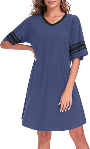 Womens Nightgowns Short Sleeve Sleepshirt Sleepwear Casual V Neck Sleep Dress Loungewear Nightshirts in Saudi Arabia