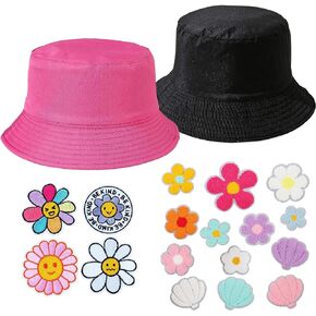 Preppy Black Bucket hat for Women Reversible hot Pink with Removable Chenille Patches Letters for Girls Tweens Teens Hook and Loop Varsity Cute Stuff