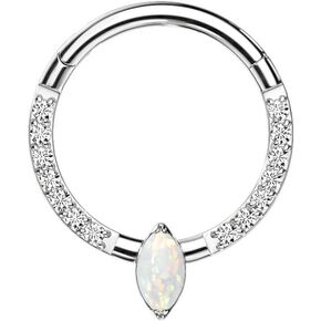 Pierced Owl 16GA G23 Implant Grade Titanium Marquise Opal Center with CZ Crystal Paved Sides Hinged Segment Ring