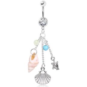Pierced Owl 14GA 316L Stainless Steel CZ Crystal Dangling Shell and Turtle Charms Belly Button Ring