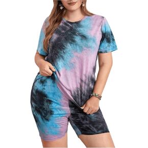 SOLY HUX Women's Plus Size Tie Dye Short Sets Two Piece Outfits Summer Casual Short Sleeve T Shirts Shorts Set in Saudi Arabia