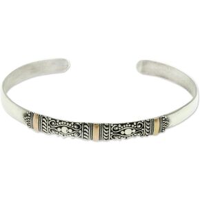 NOVICA Artisan Handmade Gold Accent Cuff Bracelet Silver with 18k Accents Sterling No Stone Indonesia Aluminum Gray [5.5 in L (end to End) x 0.2 in W] ' Vine Tendrils'