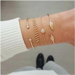 Vintage Layered Gold Bangle Bracelet Chunky Gothic Fishbone Bracelet Arrow Leaf Bracelet Adjustable Leaf Open Cuff Bracelet Chevron V Arrow Bracelet Set Jewelry for Women and Girls