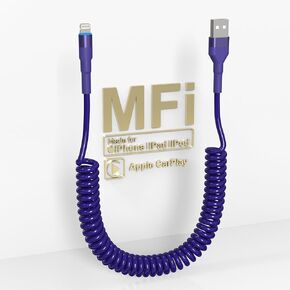 [MFi Certified] 90 Degree Coiled USB to Lightning Cable for Apple CarPlay with Data for i-Phone 14 13 12 11 Pro Max Plus Mini SE XS XR X 8 7 6 5