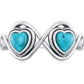 Genuine Turquoise Heart Rings for Women, Sterling Silver Vintage Native American Jewelry Infinity Gemstone Ring Birthday Gift