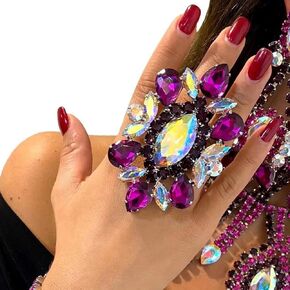 STONEFANS Purple Oversize Rhinestone Statement Rings for Drag Queen Wedding Crystal Finger Ring Costume Jewelry