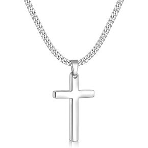 Fiusem Cross Necklace for Men, Silver Tone/Gold Plated/Black Mens Cross Necklaces with 3.5mm Cross Chain and Stainless Steel Cross Pendant, Cuban Chain 16-28 Inch