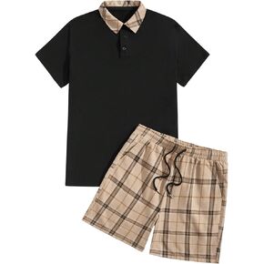 SOLY HUX Men's Short Set Outfits 2 Piece Summer Tracksuit Plaid Short Sleeve Golf Shirt and Shorts Set