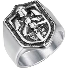 New Hip Hop Ring Titanium Steel Gold Plated Rhinestone Templar Men's Ring,Signet Rings For Men,Stainless Steel Rings,Pinky Ring For Men,Fidget Ring Men. (11, Steel)