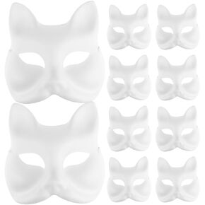 SAFIGLE 10Pcs Therian Cat Mask Cat Mask for Kds Adults White Blank Fox Mask Halloween Mask Paintable Animal Face Mask DIY Animal Mask Holiday Party Cosplay Costume
