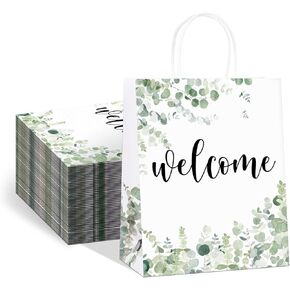 QIELSER 50 pcs Welcome Bags for Wedding Guests Bulk, White Welcome Gift Bags with Handles Shopping paper Bags Good for Wedding, Birthday Party Supplies, Craft, Packaging, Retail