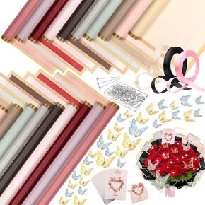 Thrilez 187PCS Flower Bouquet Wrapping Paper Kit Includes 40 Floral Paper, 24 Butterflies, 100 Bouquet Pins, 3 Ribbons and 20 Greeting Cards for Mother's Day Wedding Baby Shower Graduation