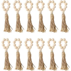 Wood Beads Napkin Rings Natural Wooden Holders with Tassels Elastic Wooden Napkin Buckles for Home Table Decoration Christmas Farmhouse Wedding Party 12pcs