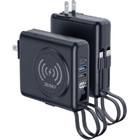 شاحن محمول مع قابس حائط تيار متردد وكابلات مدمجة بقدرة 10000 مللي أمبير في الساعة 5 في 1 USB C مع شاحن لاسلكي 6 مخارج حزمة طاقة مزدوجة المدخلات لشحن هواتف Samsung iPhone Android (أسود) in Kuwait