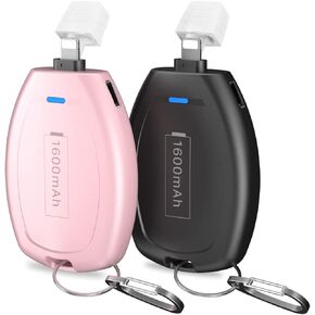 2-Pack Keychain Portable Charger for iPhone, 1600mAh Mini Power Emergency Pod Ultra-Compact External Power Bank Battery Pack, Key Ring Cell Phone Charger for iPhone 8 XS 13 14 Airpods-Black&Red