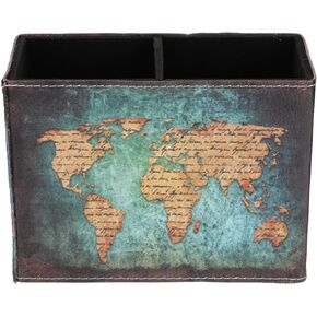 PU Leather Remote Holder TV Remote Vintage Office Accessories Container Phone Sundries Organizer Pencil Holder Sundries Sorting Basket (Map)