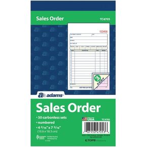 كتاب طلب مبيعات آدامز، 3 أجزاء، بدون كربون، 4-3/16 بوصة × 7-3/16 بوصة، 50 مجموعة، أبيض، كناري ووردي، عبوة من 6 قطع