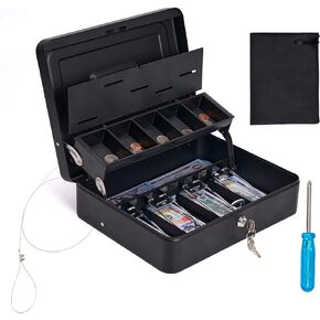 Large Cash Box with Security Cable & Coin Tray, Metal Money Box with Tray & Key Lock,Tiered Locking Cash Boxes,Portable Lock Safe Box, Adjustable Coin Box,Deluxe Metal Money Box