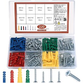 طقم مثبتات ومسامير للجدران الجافة، 220 قطعة من مثبتات الحائط ومسامير للجدران الجافة، مثبتات حائط مضلعة بلاستيكية مع مسامير ذاتية التنصت، براغي ذات رأس مسطح لتعليق صور الحائط الجاف الخرساني in Kuwait