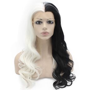 MX angel Long Wavy Half Black Red Synthetic Lace Front Party Wig (Black White Split Color)