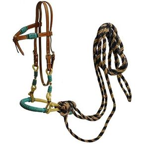 Showman Leather Futurity Knot Headstall w/Teal Rawhide Braided Bosal & Horse Hair Mecate Reins