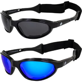 Birdz Eyewear Sail Padded Jetski Sunglasses Goggles Polarized Sports Watersports Boating Fishing for Men or Women 2 Pairs Black Frame w/Smoke & Blue Mirror Lenses