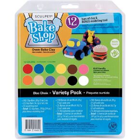 Sculpey Bake Shop Polymer Oven Bake Clay, 12 unique color set for kids, one clay modeling tool to add details to projects, made for creating holiday, DIY projects, jewelry and school projects.
