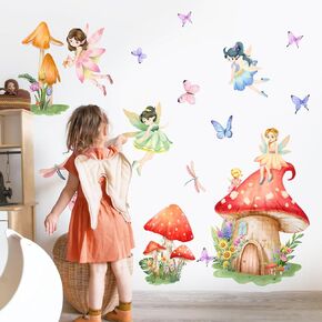 Supzone Mushroom House Fairy Wall Decals Elf Flowers Butterflies Wall Stickers Peel and Stick Vinyl Wall Art Decor for Girls Baby Nursery Bedroom Living Room