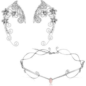 Yolmina Elf Ear Cuffs and Fairy Tiara Crown, Woodland Elven Circlet for Wedding Handmade Fairy Earrings Cuffs and Crown Set for Women Halloween Costume
