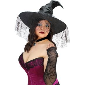 OLYPHAN Black Witch Hat for Women Halloween with Witch Costume Accessories - Spider Lace Gloves Arm Sleeves &Pendant Choker Witch Necklace