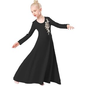 Girls Long Sleeve Worship Costume Praise Liturgical Dance Applique Dress Kids Lyrical Celebration Choir Gown
