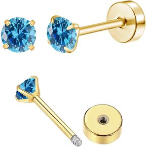 3mm Tiny CZ Flat Screw Back Stud Earrings, Small Blue Cubic Zirconia Earrings Cartilage Earrings, Hypoallergenic Stainless Steel Helix Flatback Piercing Jewelry Gifts for Women Girls