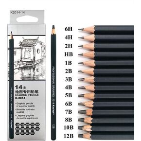 Sketch Pencil Drawing Set 14 Pencils 6H, 4H, 2H, HB, 1B, 2B, 3B, 4B, 5B, 6B, 7B, 8B, 10B, 12B