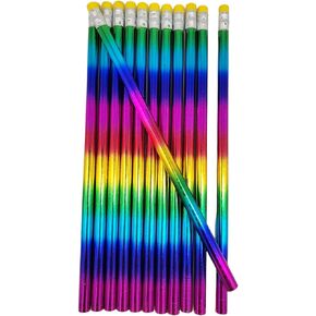 Shiny Metallic Colorful Rainbow Standard #2 Lead Pencils (7.5") Wood with Top Eraser. (12)