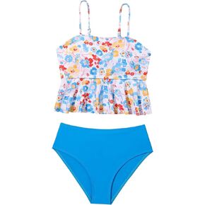 Milumia Girl's 2 Piece Floral Swimsuits Ruffle Cami Top High Waist Bikini Bathing Suits