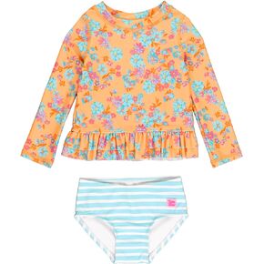 RuffleButts Vibrant Valley Long Sleeve Ruffle Hem Rash Guard 2-Piece - 3T