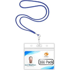 ID Badge Holder with Lanyard, 100 Pack Horizontal Clear PVC Name Tag Holder with Breakaway Lanyard with Waterproof Resealable Zip(Blue, 3 × 4 inch)