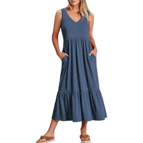 Women's Summer Casual Sleeveless V Neck Swing Dress Fit Flare Flowy Tiered Maxi Beach Sundress with Pockets