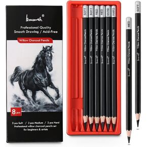 Professional Charcoal Pencils Drawing Set - 8 Pieces Soft Medium and Hard Willow Charcoal Pencils for Drawing, Sketching, Shading